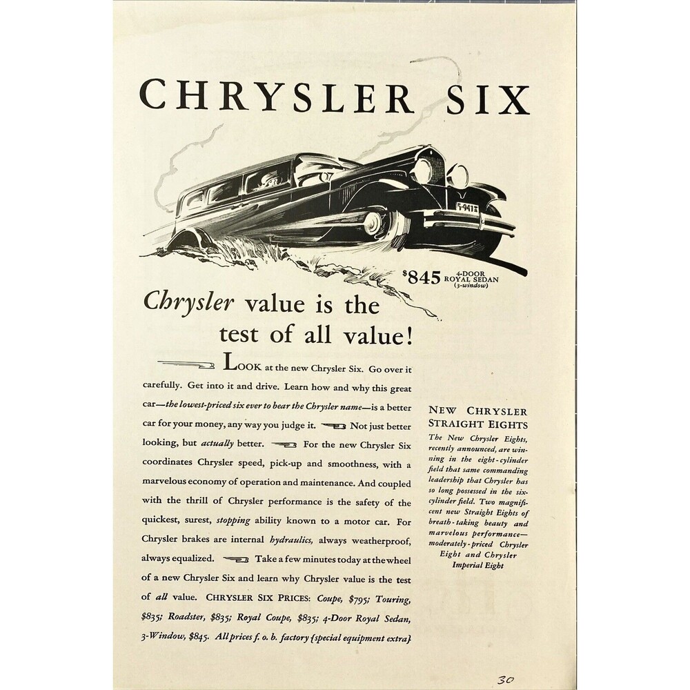 Chrysler 4-Door Royal Sedan "Chrysler Value is the Test of all Value"Vtg Ad 1930